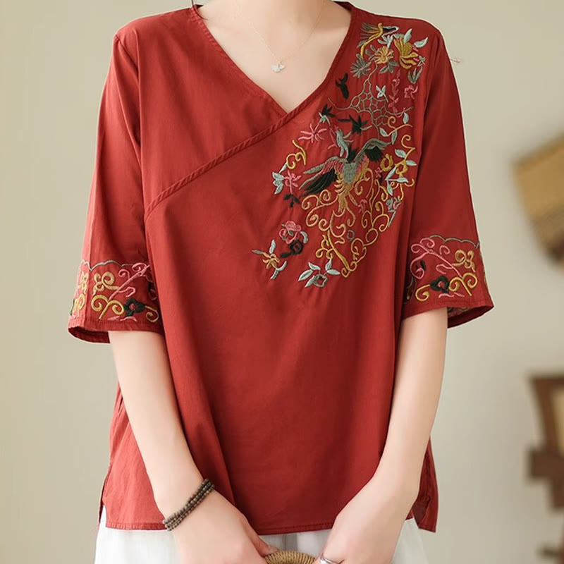 Buddha Stones Casual Colorful embroidery plants bird pattern Women's V-Neck Design Half Sleeve Cotton T-Shirt - image 19