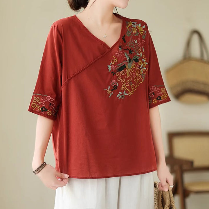 Buddha Stones Casual Colorful embroidery plants bird pattern Women's V-Neck Design Half Sleeve Cotton T-Shirt - image 18