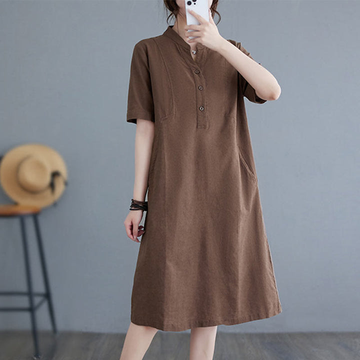 Buddha Stones Casual Daily Pure Color Button Design Short Sleeve Cotton Linen Midi Dress With Pockets - Sienna - US8-10，UK/AU12-14，EU40-42 (2XL) - image 12