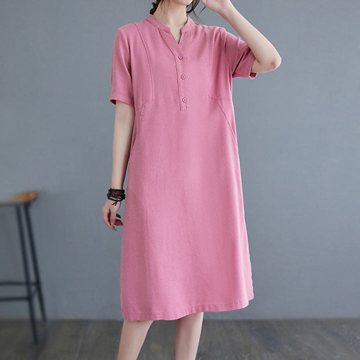 Buddha Stones Casual Daily Pure Color Button Design Short Sleeve Cotton Linen Midi Dress With Pockets - image 4