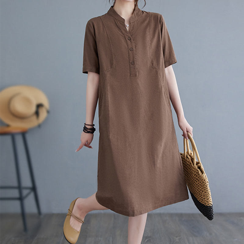 Buddha Stones Casual Daily Pure Color Button Design Short Sleeve Cotton Linen Midi Dress With Pockets - image 15