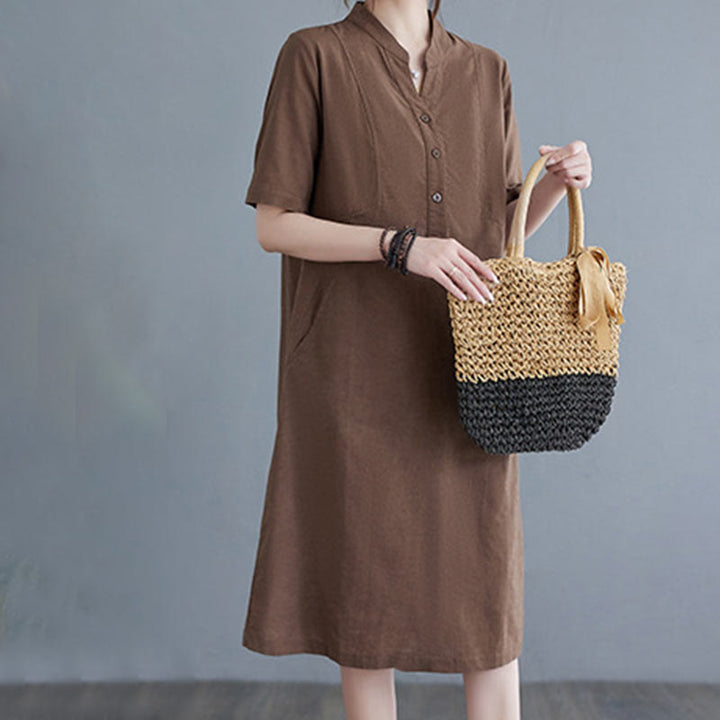 Buddha Stones Casual Daily Pure Color Button Design Short Sleeve Cotton Linen Midi Dress With Pockets - image 16