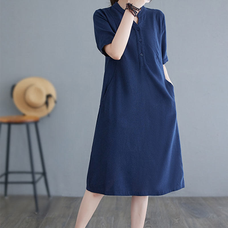 Buddha Stones Casual Daily Pure Color Button Design Short Sleeve Cotton Linen Midi Dress With Pockets - image 18