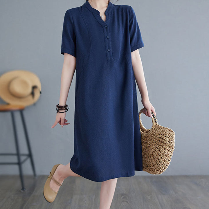 Buddha Stones Casual Daily Pure Color Button Design Short Sleeve Cotton Linen Midi Dress With Pockets - image 20