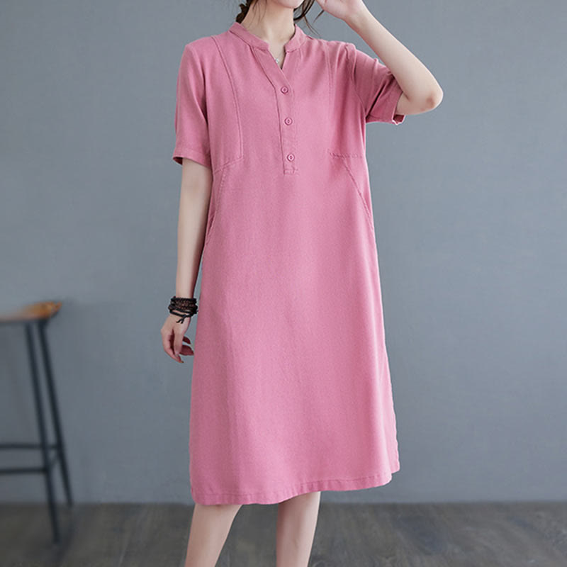 Buddha Stones Casual Daily Pure Color Button Design Short Sleeve Cotton Linen Midi Dress With Pockets - image 4