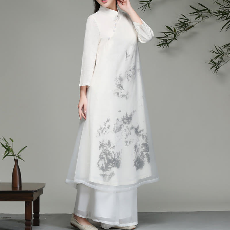 Buddha Stones  Chinese Frog-Button Design Long Sleeve Chiffon Midi Dress - image 3