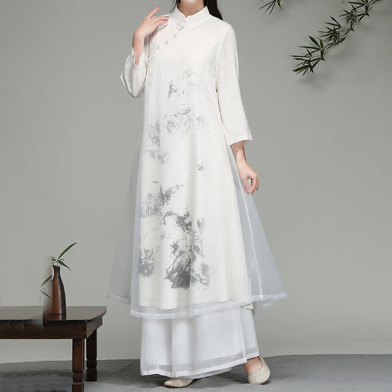 Buddha Stones  Chinese Frog-Button Design Long Sleeve Chiffon Midi Dress - image 1