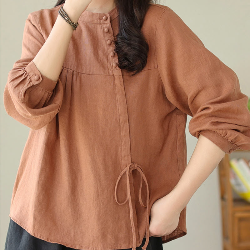 Buddha Stones Fall Casual Solid Color Stand Collar Long Sleeve Cotton Linen Women's Shirt - Chocolate - US8-10，UK/AU12-14，EU40-42 (2XL) - image 0