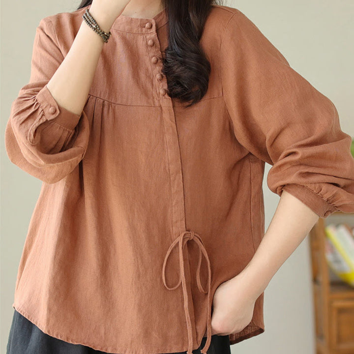 Buddha Stones Fall Casual Solid Color Stand Collar Long Sleeve Cotton Linen Women's Shirt - Chocolate - US8-10，UK/AU12-14，EU40-42 (2XL) - image 0