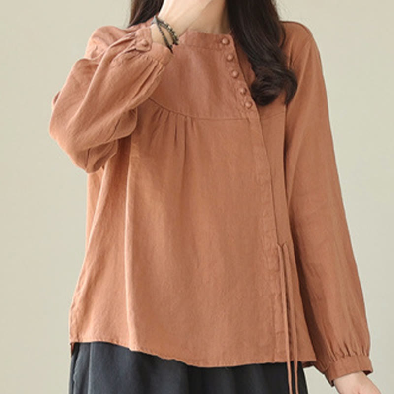 Buddha Stones Fall Casual Solid Color Stand Collar Long Sleeve Women's Shirt - image 5