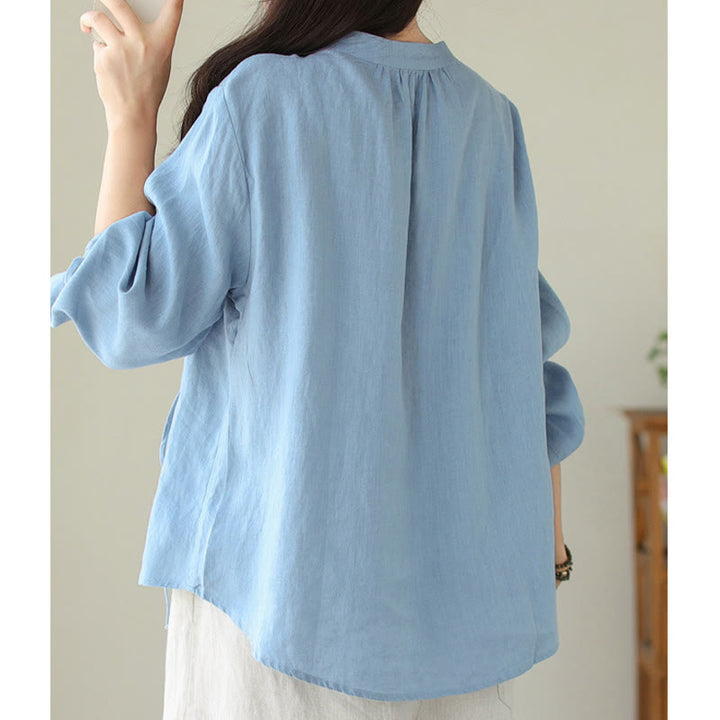 Buddha Stones Fall Casual Solid Color Stand Collar Long Sleeve Women's Shirt - image 12
