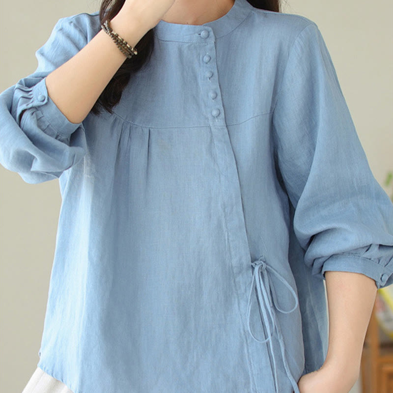Buddha Stones Fall Casual Solid Color Stand Collar Long Sleeve Cotton Linen Women's Shirt - image 10
