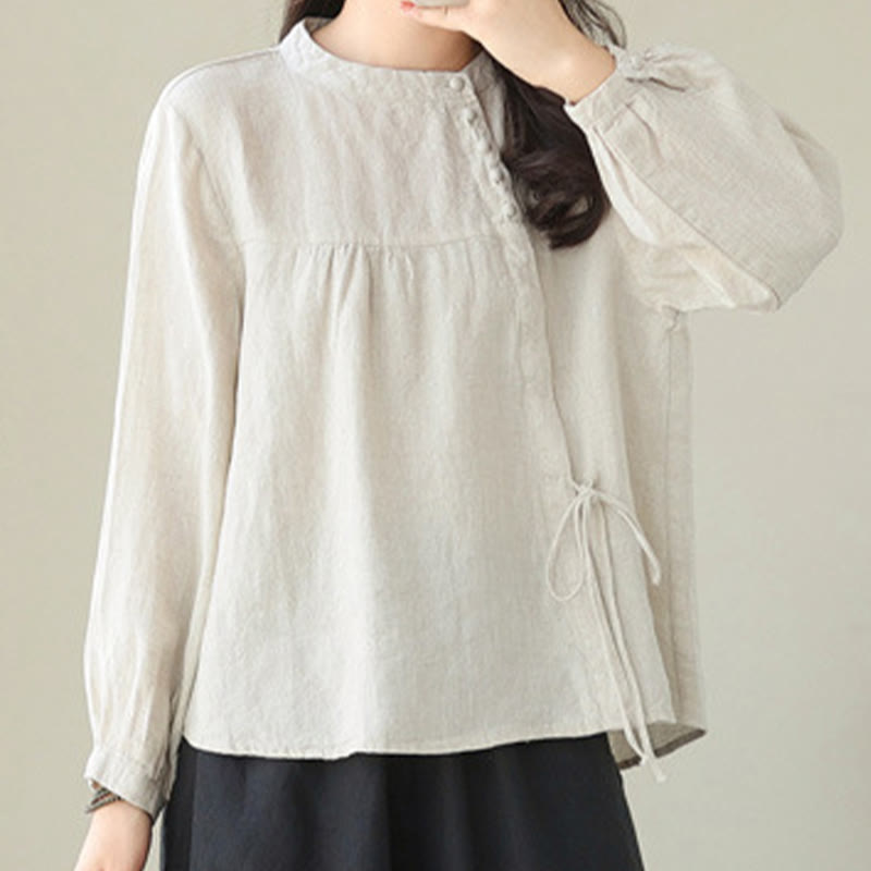 Buddha Stones Fall Casual Solid Color Stand Collar Long Sleeve Women's Shirt - Linen - US8-10，UK/AU12-14，EU40-42 (2XL) - image 14