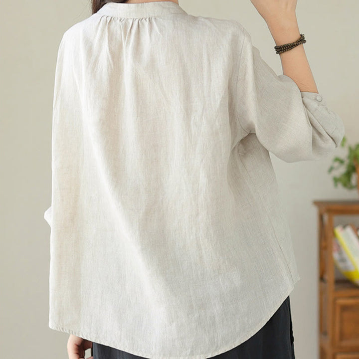 Buddha Stones Fall Casual Solid Color Stand Collar Long Sleeve Cotton Linen Women's Shirt - image 16