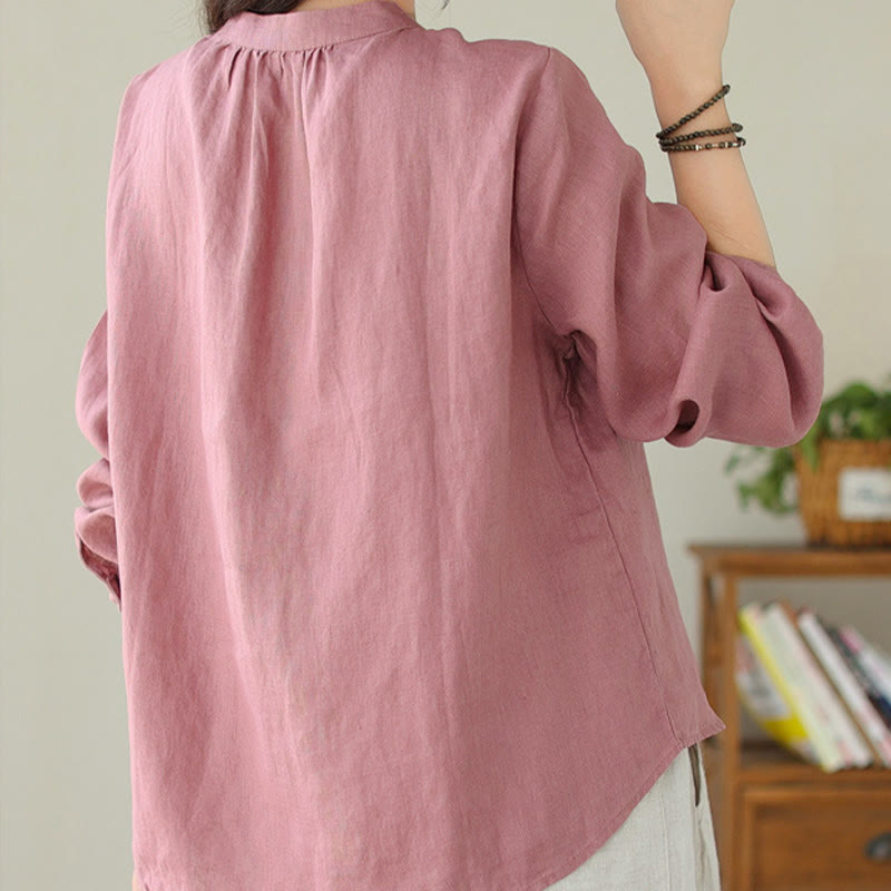 Buddha Stones Fall Casual Solid Color Stand Collar Long Sleeve Cotton Linen Women's Shirt - image 23