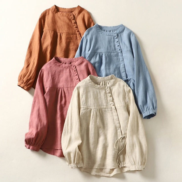 Buddha Stones Fall Casual Solid Color Stand Collar Long Sleeve Cotton Linen Women's Shirt - image 28