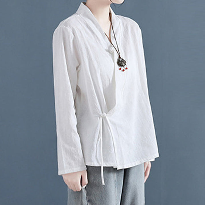 Buddha Stones Casual Solid Color Frog Button Long Sleeve Zen Cotton Linen Women's Shirt - image 2