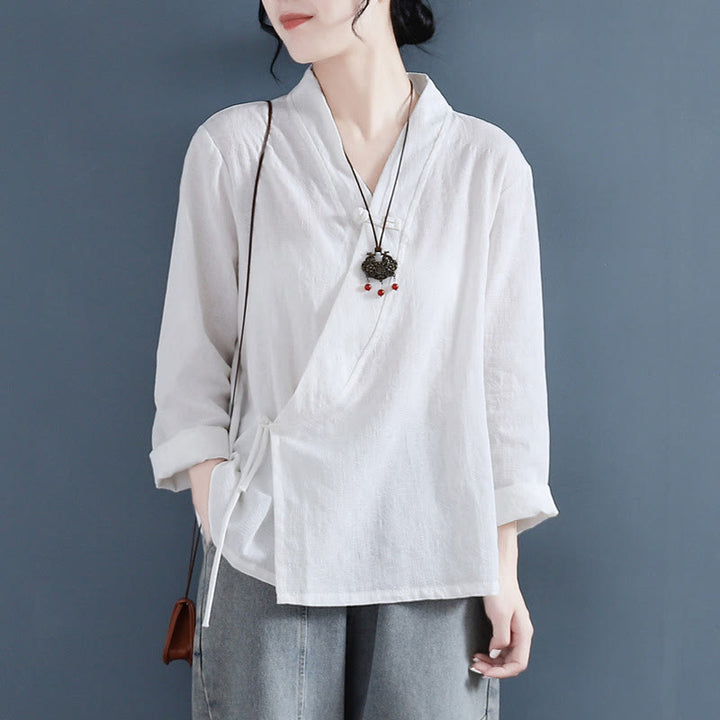 Buddha Stones Casual Solid Color Frog Button Long Sleeve Zen Cotton Linen Women's Shirt - White - US8-10，UK/AU12-14，EU40-42 (2XL) - image 0