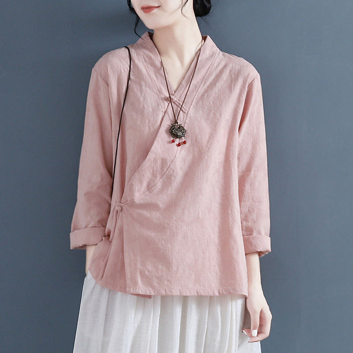 Buddha Stones Casual Solid Color Frog Button Long Sleeve Zen Cotton Linen Women's Shirt - image 7