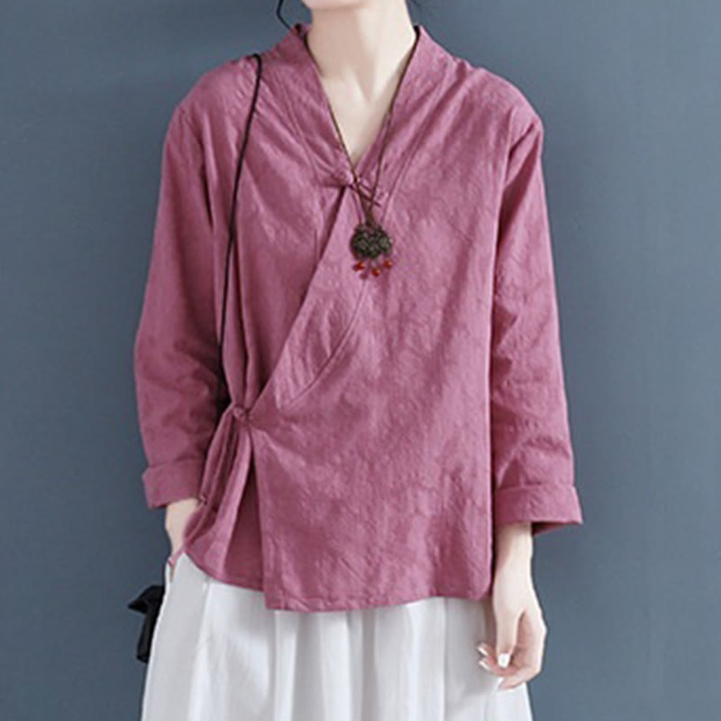 Buddha Stones Casual Solid Color Frog Button Long Sleeve Zen Cotton Linen Women's Shirt - PaleVioletRed - US8-10，UK/AU12-14，EU40-42 (2XL) - image 8