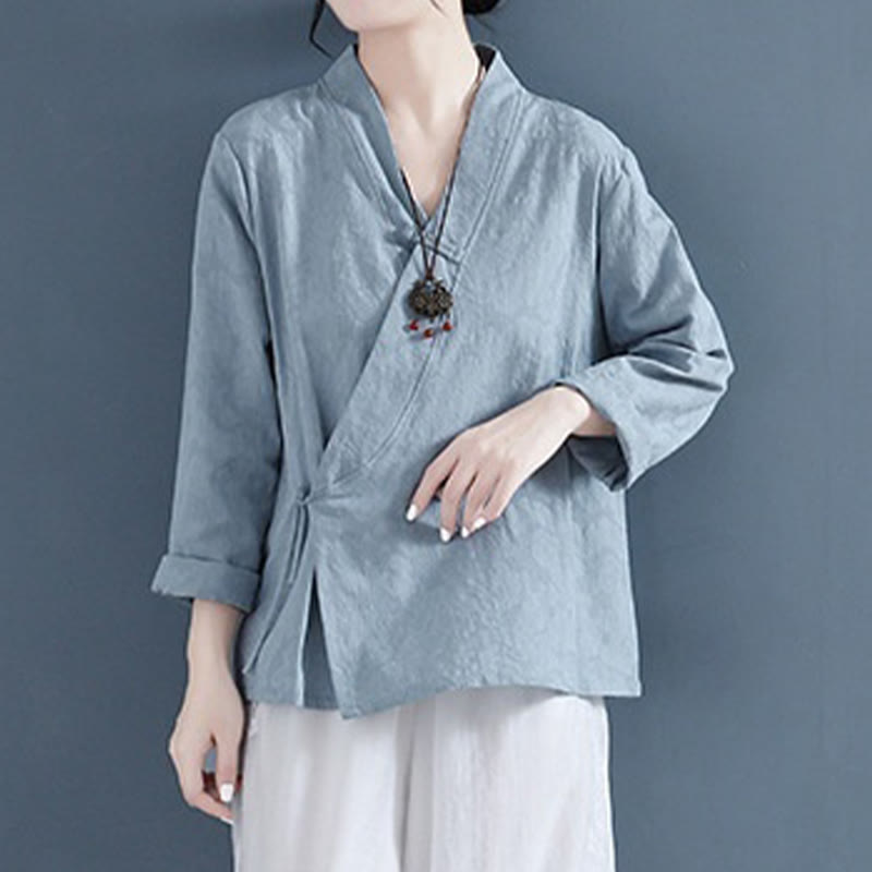 Buddha Stones Casual Solid Color Frog Button Long Sleeve Zen Cotton Linen Women's Shirt - image 20