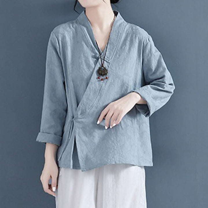 Buddha Stones Casual Solid Color Frog Button Long Sleeve Zen Cotton Linen Women's Shirt - image 20