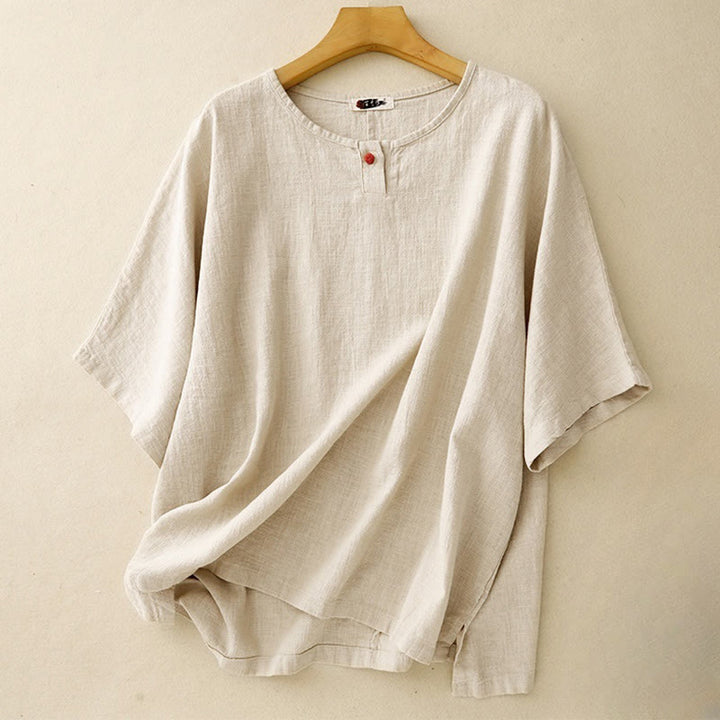 Buddha Stones Casual Plain  Women's Crew Neck Design Loose Half Sleeve Cotton Linen T-shirt - Linen - US12，UK/AU16，EU44 (2XL) - image 0