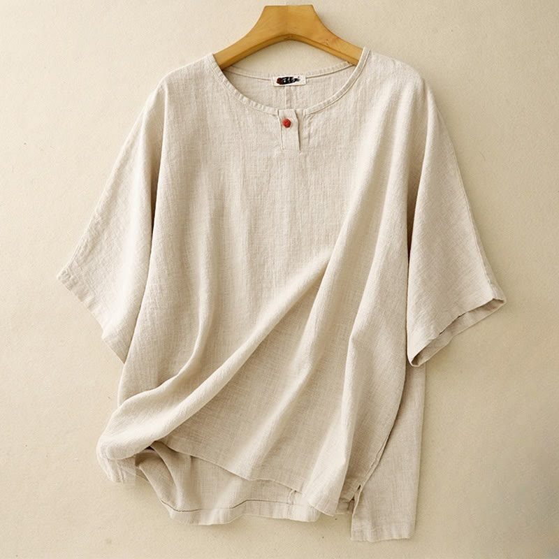 Buddha Stones Casual Plain  Women's Crew Neck Design Loose Half Sleeve T-shirt - Linen - US12，UK/AU16，EU44 (2XL) - image 0