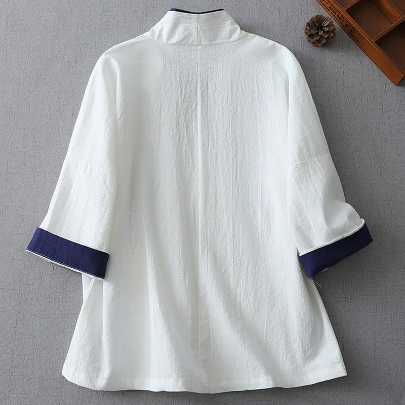Buddha Stones Casual Color Stitching V-Neck Three Quarter Sleeve Zen Cotton Linen Women's Shirt - image 6