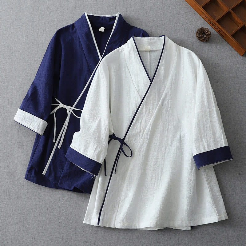 Buddha Stones Casual Color Stitching V-Neck Three Quarter Sleeve Zen Cotton Linen Women's Shirt - image 11