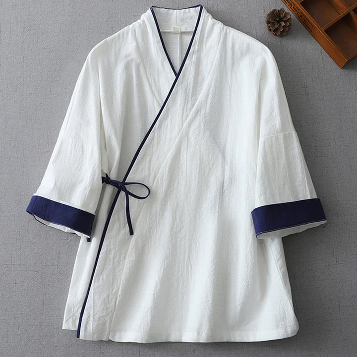 Buddha Stones Casual Color Stitching V-Neck Three Quarter Sleeve Zen Cotton Linen Women's Shirt - White - US8-10，UK/AU12-14，EU40-42 (2XL) - image 5