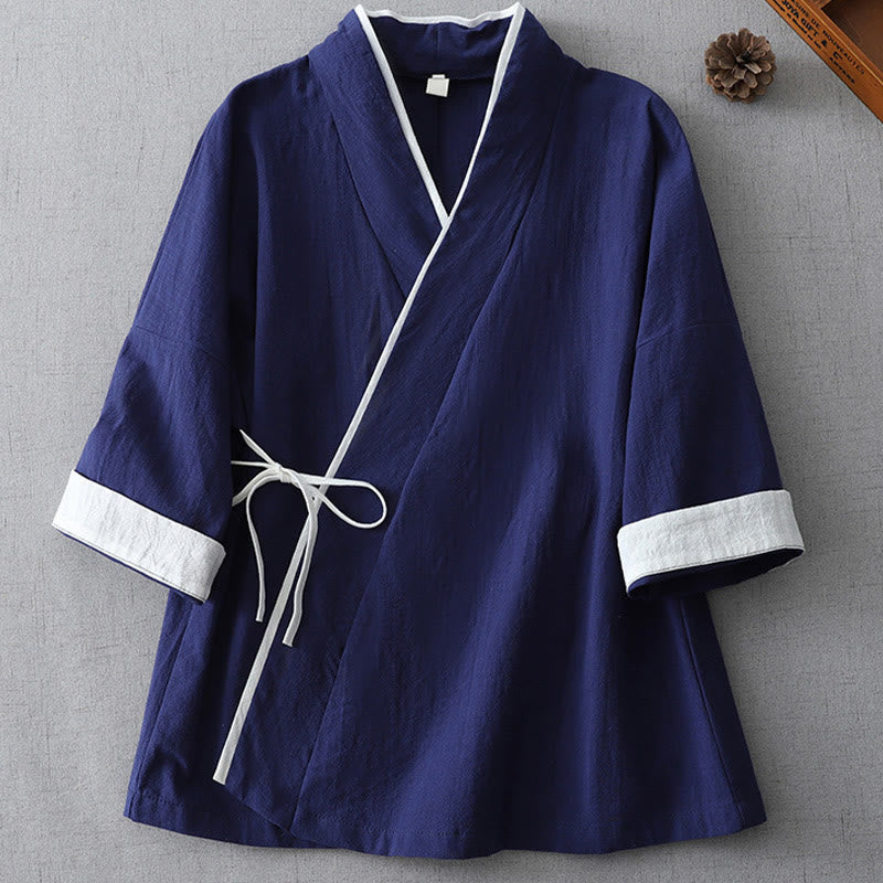 Buddha Stones Casual Color Stitching V-Neck Three Quarter Sleeve Zen Cotton Linen Women's Shirt - Navy - US8-10，UK/AU12-14，EU40-42 (2XL) - image 0