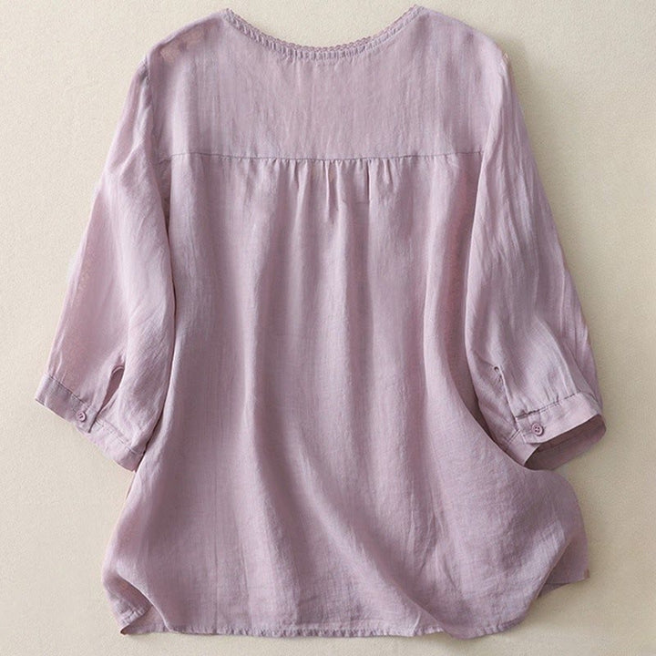 Buddha Stones Casual Shooting Star Embroidery V-Neck Half Sleeve Cotton Linen Women's Shirt - image 2