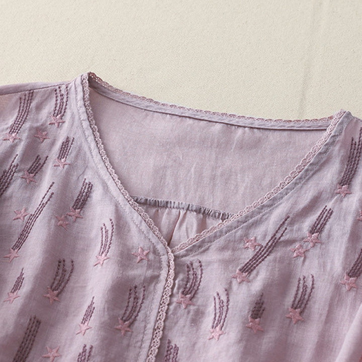 Buddha Stones Casual Shooting Star Embroidery V-Neck Half Sleeve Cotton Linen Women's Shirt - image 1
