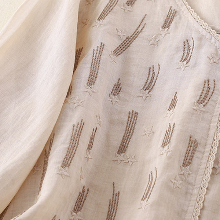 Buddha Stones Casual Shooting Star Embroidery V-Neck Half Sleeve Cotton Linen Women's Shirt - image 15