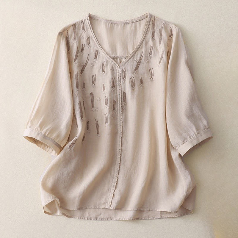 Buddha Stones Casual Shooting Star Embroidery V-Neck Half Sleeve Cotton Linen Women's Shirt - Beige - US8-10，UK/AU12-14，EU40-42 (2XL) - image 14