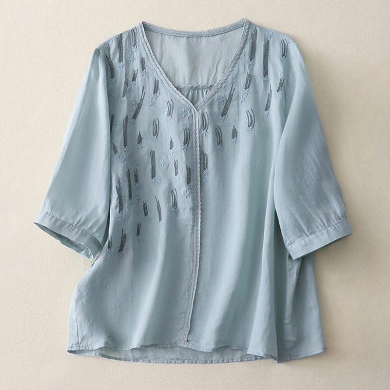 Buddha Stones Casual Shooting Star Embroidery V-Neck Half Sleeve Cotton Linen Women's Shirt - LightSkyBlue - US8-10，UK/AU12-14，EU40-42 (2XL) - image 19