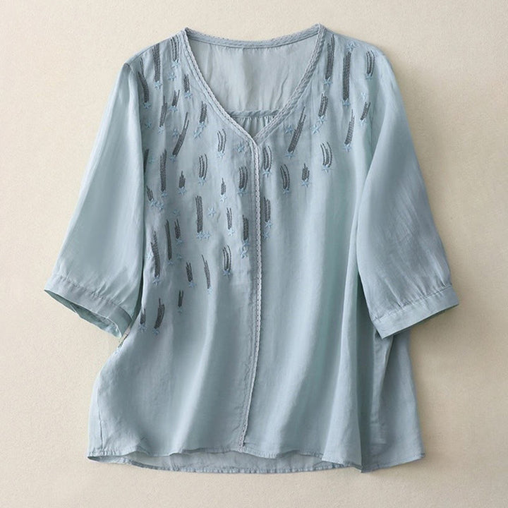 Buddha Stones Casual Shooting Star Embroidery V-Neck Half Sleeve Cotton Linen Women's Shirt - LightSkyBlue - US8-10，UK/AU12-14，EU40-42 (2XL) - image 19