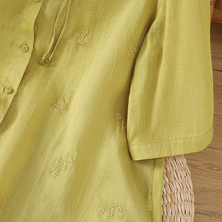 Buddha Stones Casual Embroidered Flowers Button Three Quarter Sleeve Cotton Women's Shirt - image 5