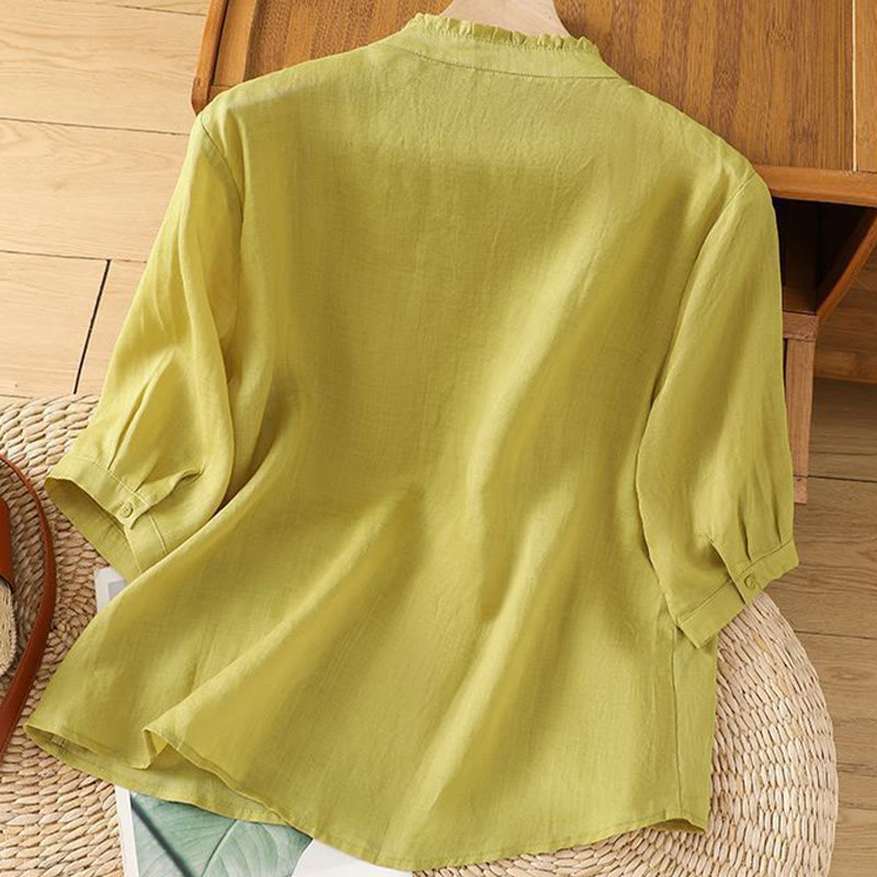 Buddha Stones Casual Embroidered Flowers Button Three Quarter Sleeve Cotton Women's Shirt - image 1