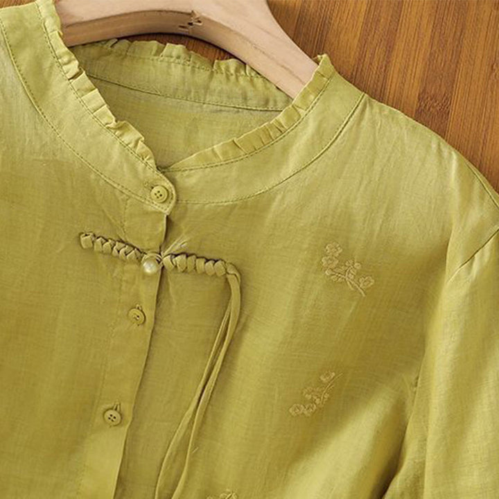 Buddha Stones Casual Embroidered Flowers Button Three Quarter Sleeve Cotton Women's Shirt - image 3