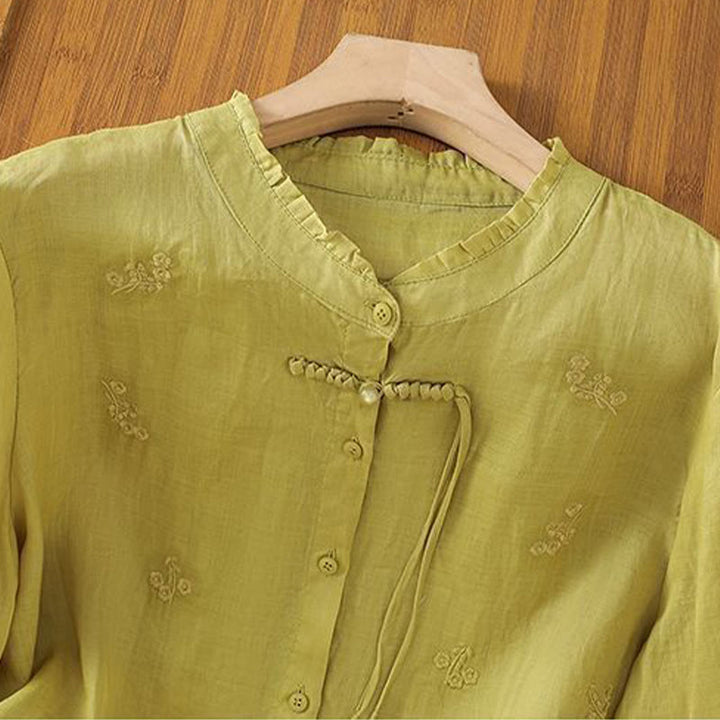 Buddha Stones Casual Embroidered Flowers Button Three Quarter Sleeve Cotton Women's Shirt - image 2