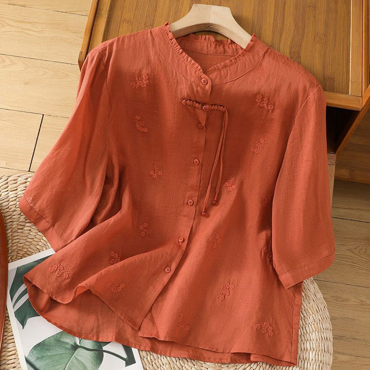 Buddha Stones Casual Embroidered Flowers Button Three Quarter Sleeve Cotton Women's Shirt - Chocolate - US12，UK/AU16，EU44 (3XL) - image 13