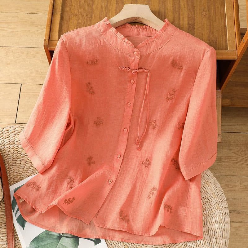 Buddha Stones Casual Embroidered Flowers Button Three Quarter Sleeve Cotton Women's Shirt - Coral - US12，UK/AU16，EU44 (3XL) - image 9