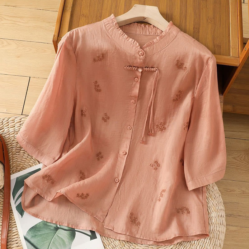 Buddha Stones Casual Embroidered Flowers Button Three Quarter Sleeve Cotton Women's Shirt - LightSalmon - US12，UK/AU16，EU44 (3XL) - image 10