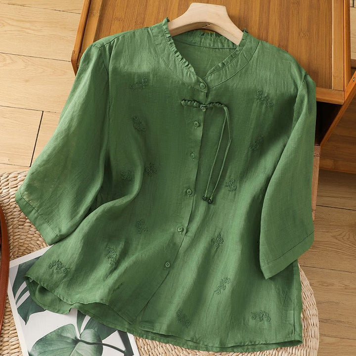 Buddha Stones Casual Embroidered Flowers Button Three Quarter Sleeve Cotton Women's Shirt - SeaGreen - US12，UK/AU16，EU44 (3XL) - image 11