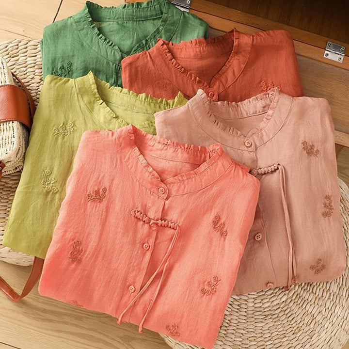 Buddha Stones Casual Embroidered Flowers Button Three Quarter Sleeve Cotton Women's Shirt - image 14