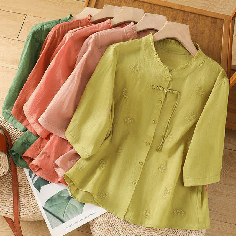 Buddha Stones Casual Embroidered Flowers Button Three Quarter Sleeve Cotton Women's Shirt - image 15