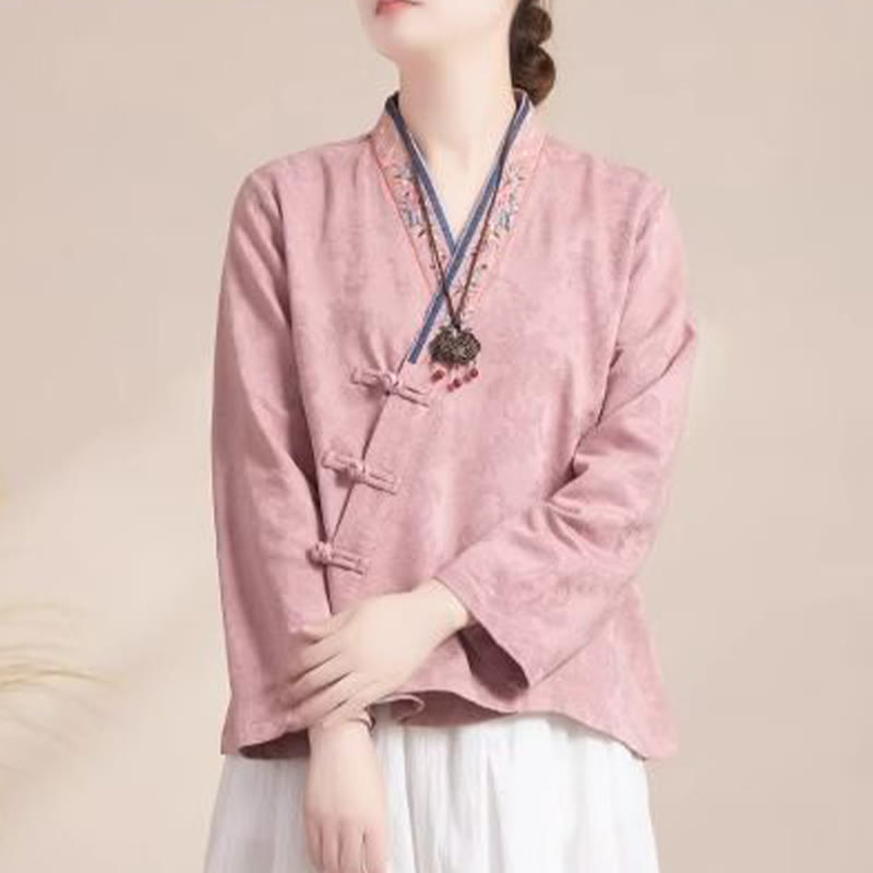 Buddha Stones Embroidered Flowers Grass Frog-Button Long Sleeve Cotton Women's Shirt - Pink - US12，UK/AU16，EU44 (3XL) - image 0