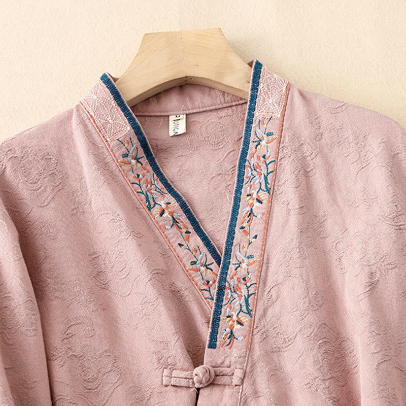 Buddha Stones Embroidered Flowers Grass Frog-Button Long Sleeve Cotton Women's Shirt - image 4
